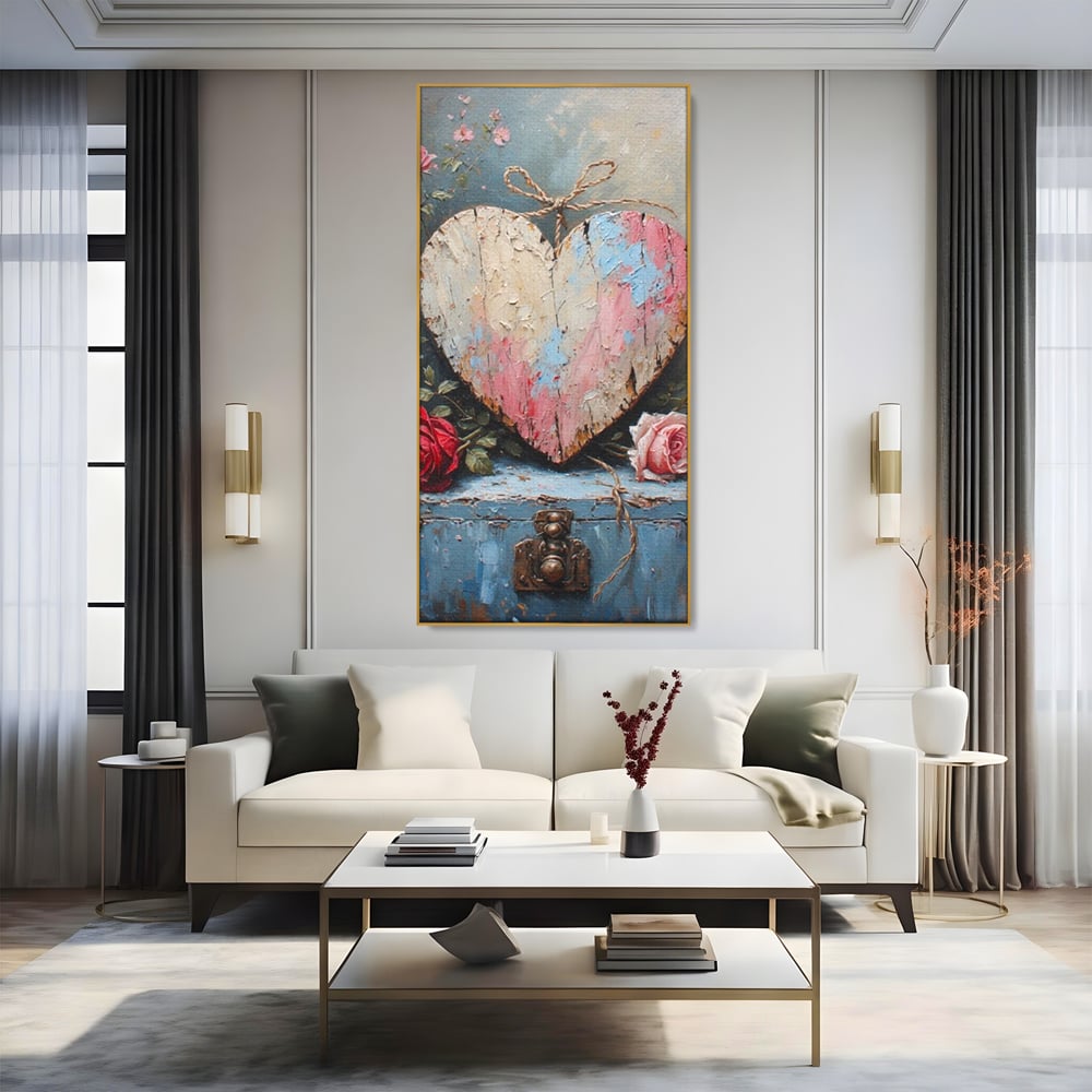 Tablou canvas cu tablou canvas cu inima din lemn si flori, in rama de aluminiu auriu, pe perete intr-un living